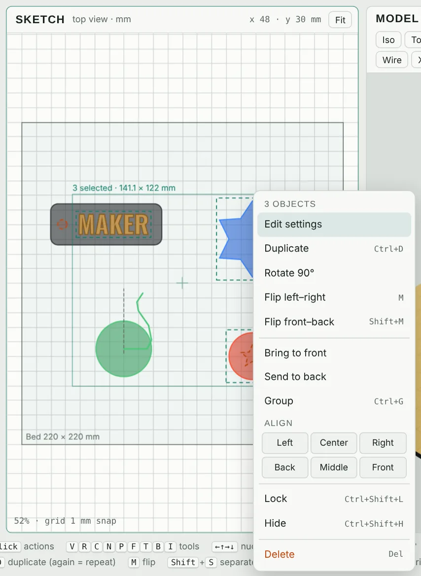 Three shapes selected with the Align buttons in the right-click menu