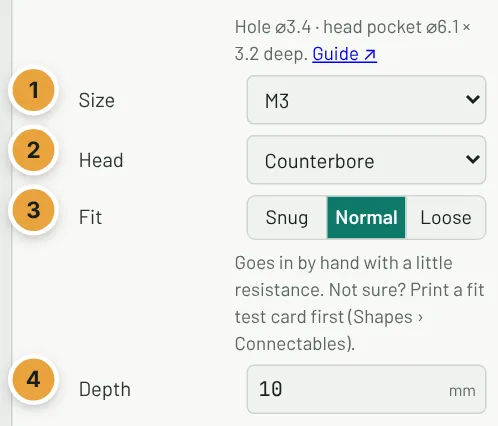 A screw hole's settings: Size M3, Head Counterbore, Fit Normal and Depth