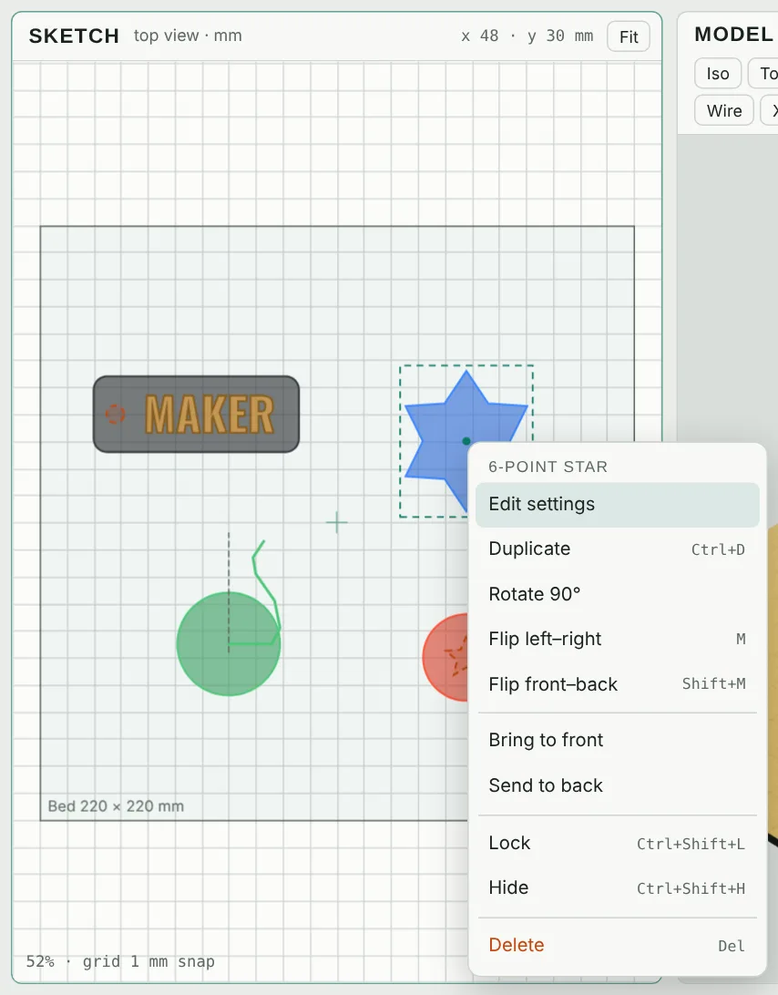 Right-click menu on a shape