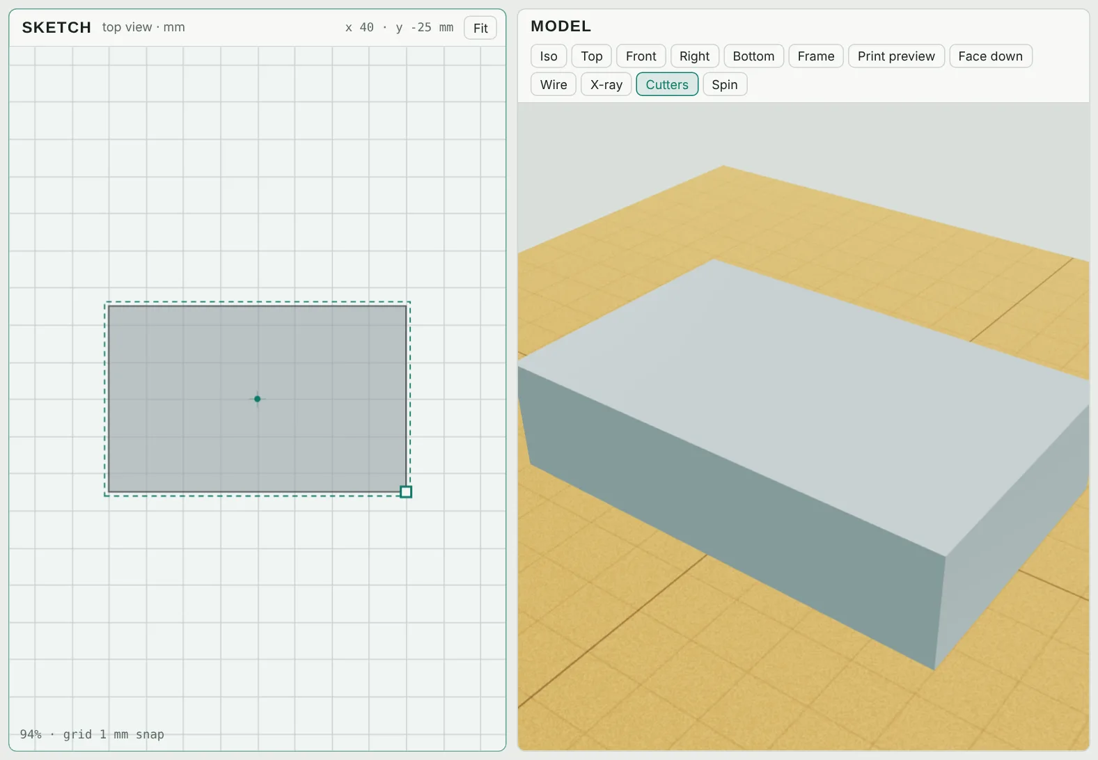 A box drawn in the sketch and shown in 3D