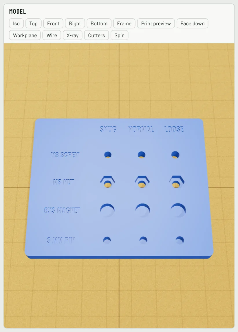 A blue card with an M3 screw hole, an M3 nut pocket, a 6 × 3 magnet pocket and a 3 mm pin hole, each at snug, normal and loose