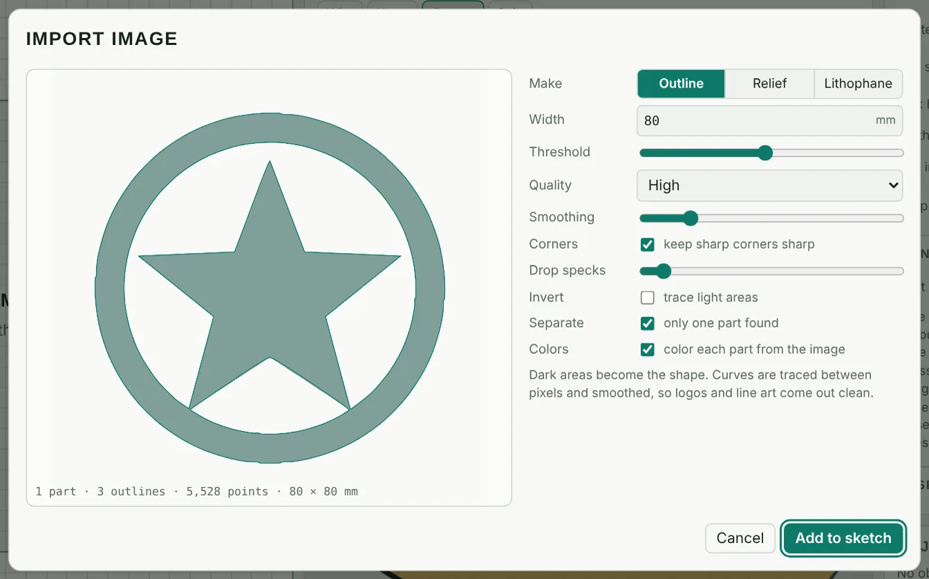 The Import image window with a traced star logo
