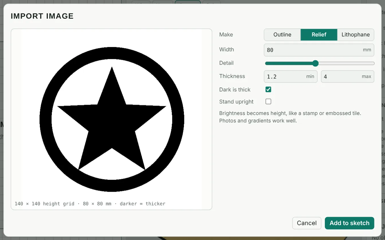 The Relief option in the Import image window