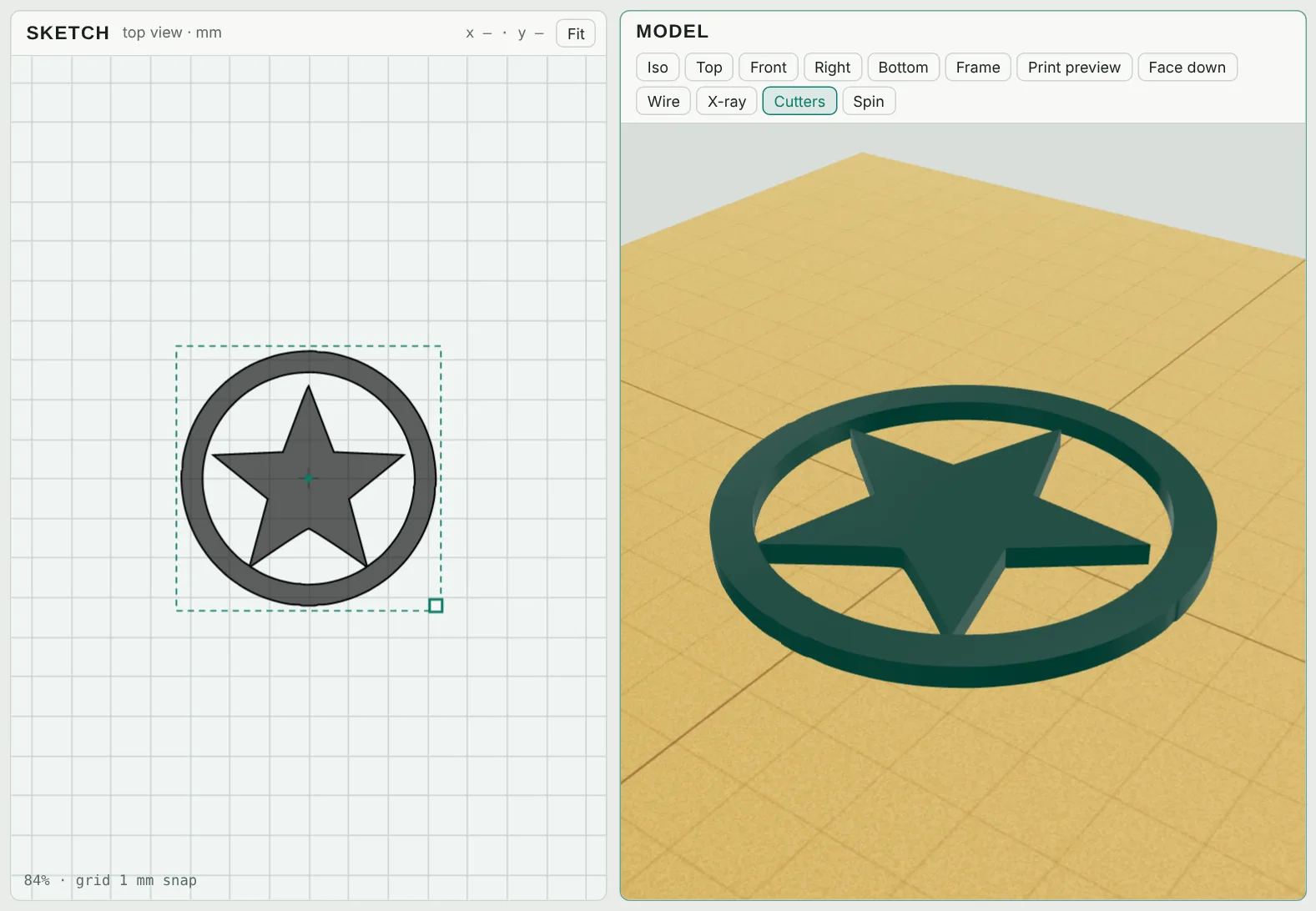 The traced logo in the sketch and as a 3D part