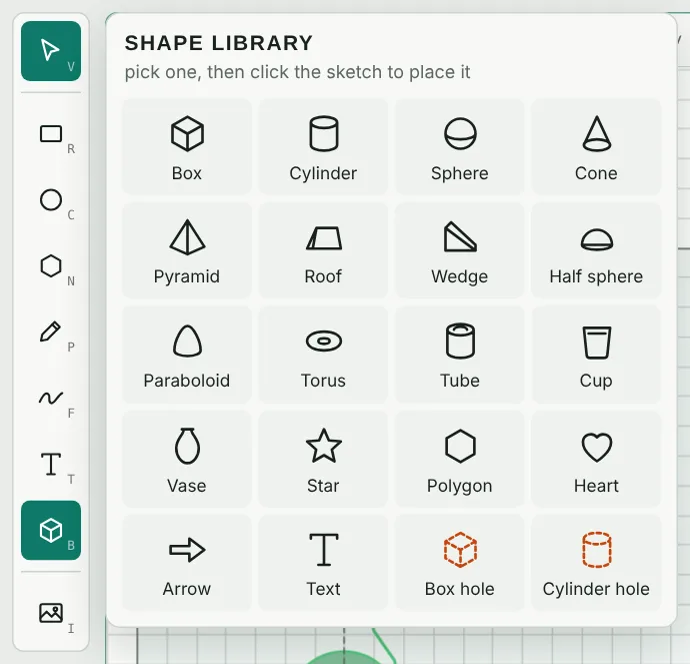 The shape library with boxes, cylinders, cones, cups, vases and more