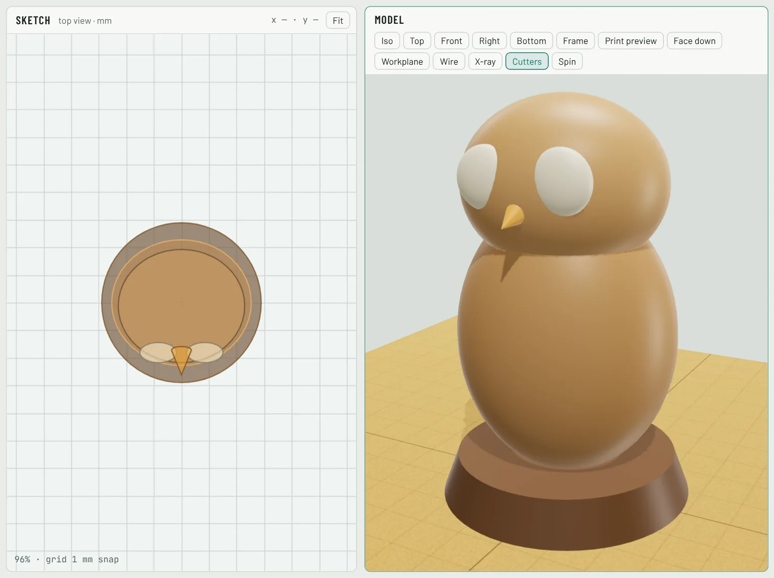 The imported owl standing on the bed in Extrudable3D, each part in its own color