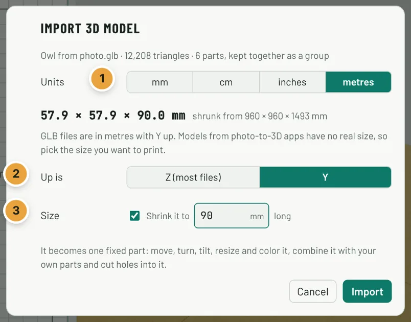 The Import 3D model window for a GLB file: Units metres, Up is Y, and Shrink it to 90 mm long ticked