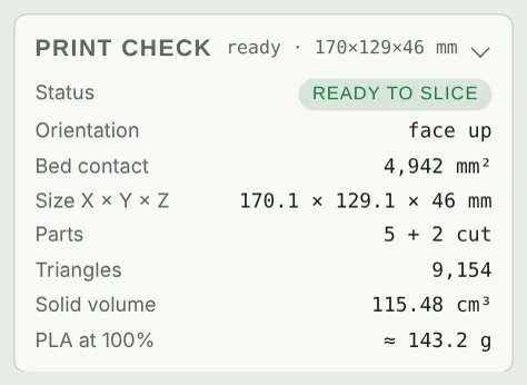 The Print check card with status, size and filament estimate