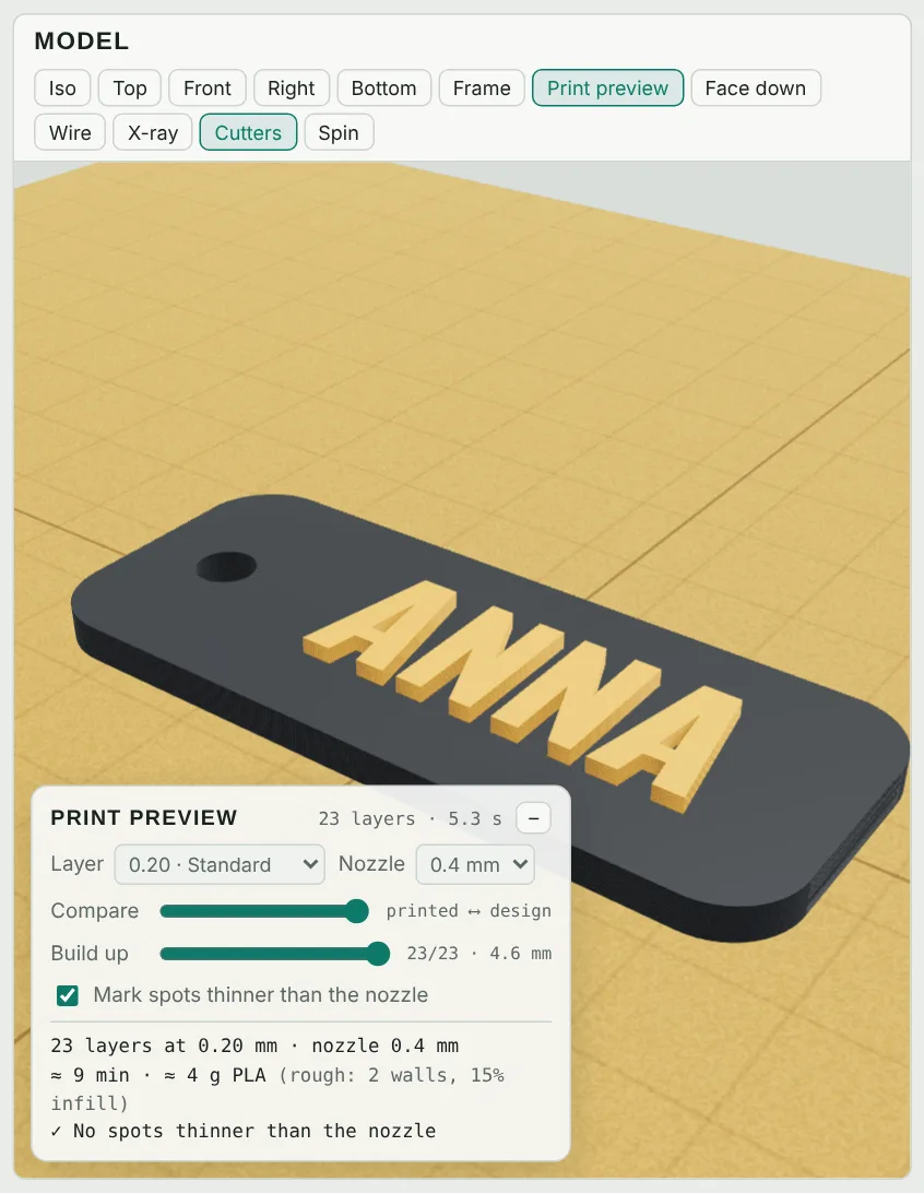 Print preview showing the model as printed layers