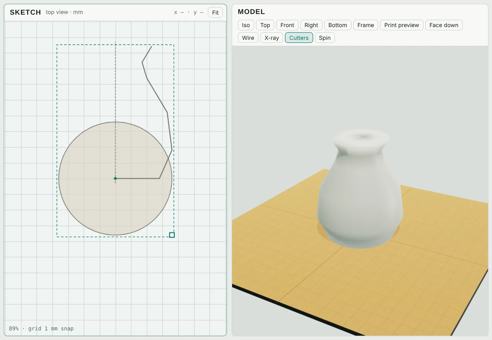 A vase outline drawn with the pen and revolved into a solid