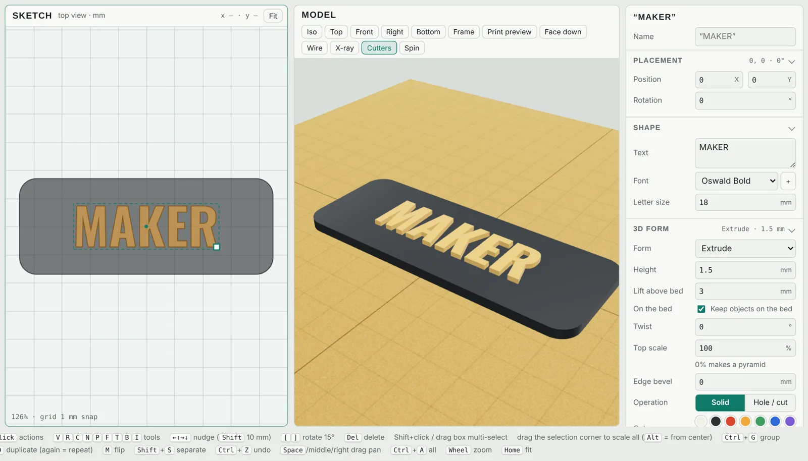 A name tag: the sketch on the left, the 3D model in the middle and the text settings on the right