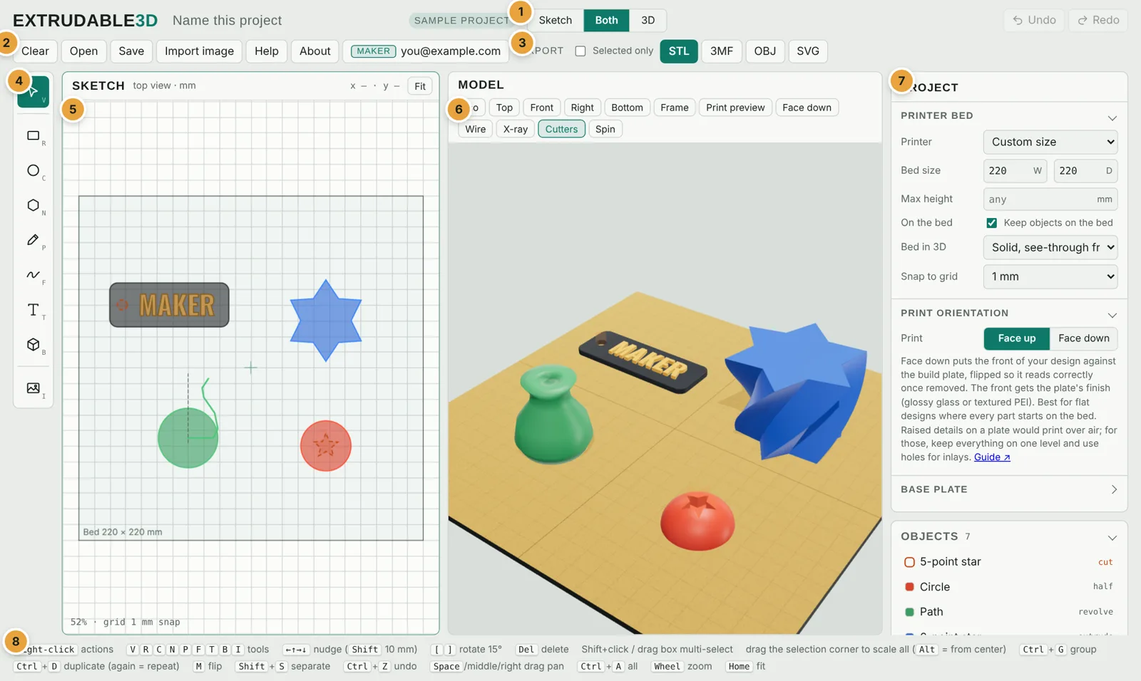 The Extrudable3D app on a computer with numbered callouts